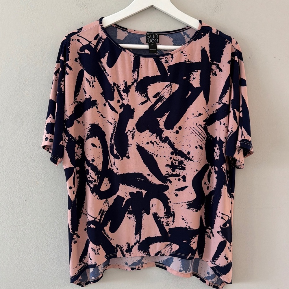 Clara Sunwoo Pink Navy Abstract Brushstroke High-Low Boxy Top XS Made in USA
